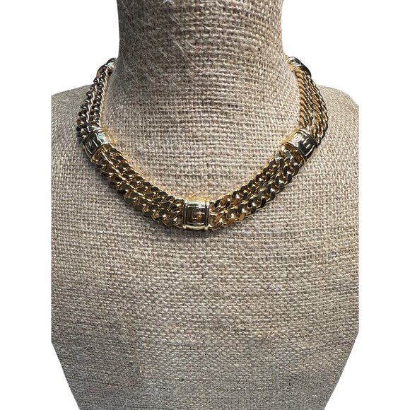 Givenchy Logo Link Gold Tone Vintage Double Chain Rare Chocker Necklace New One - Picture 1 of 7